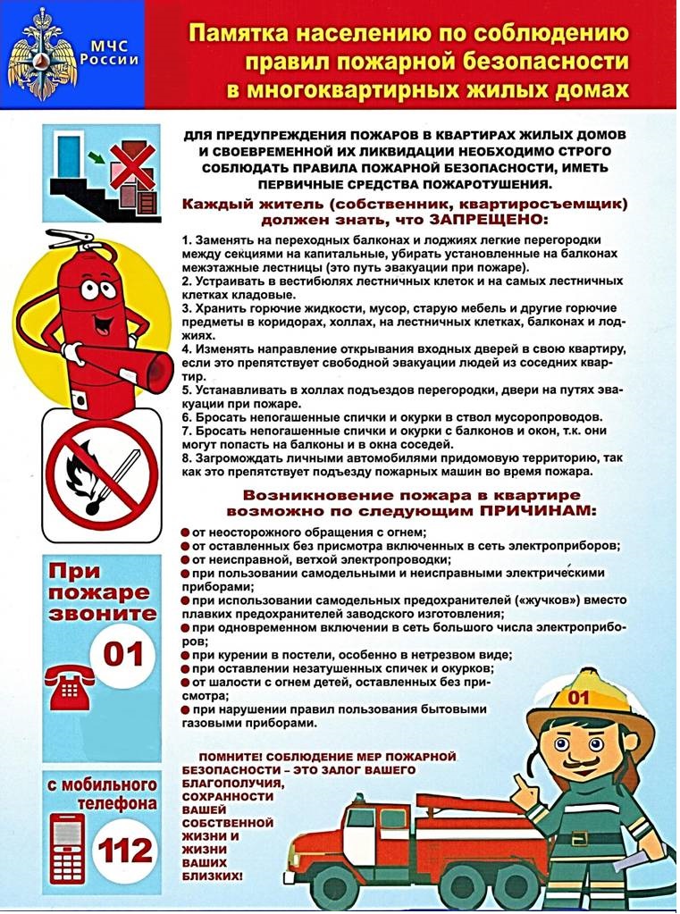 Информация для граждан по соблюдению правил пожарной безопасности в многоквартирных домах.